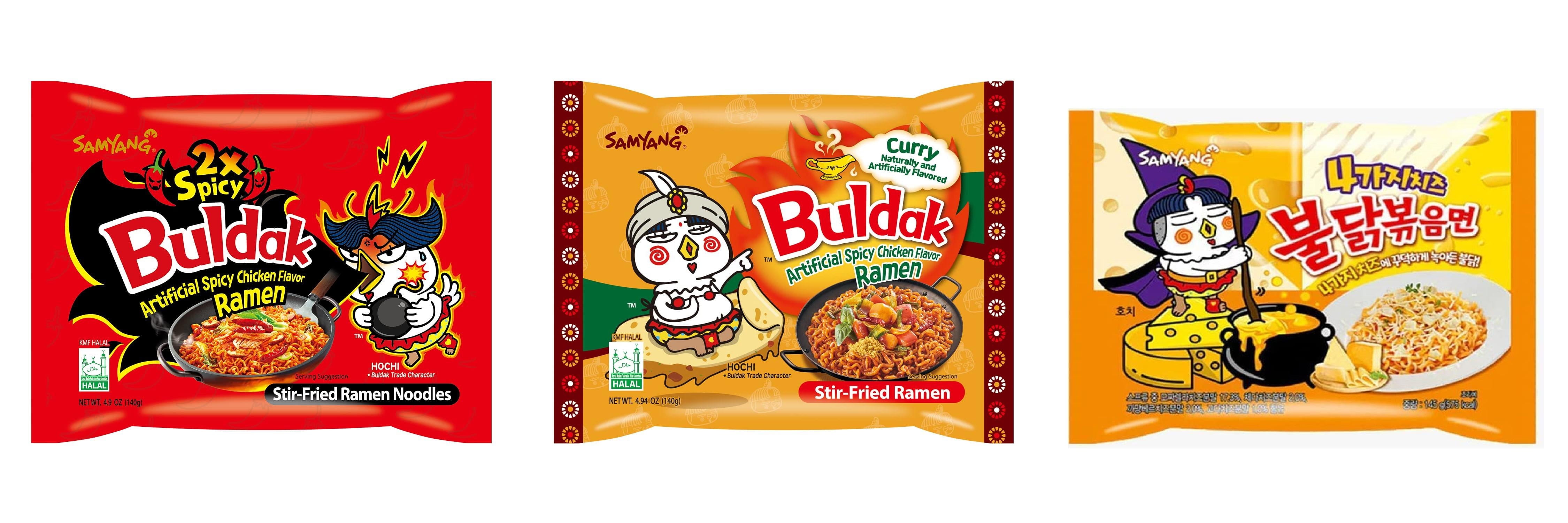 3 Packs Samyang Korean Artifical Spicy Chicken Stir Fried Ramen Roasted Noodles 3 Different Flavors (2x Spicy,Curry,Quattro Cheese) Plus NineChef Brand Long Handle Coffee Spoon