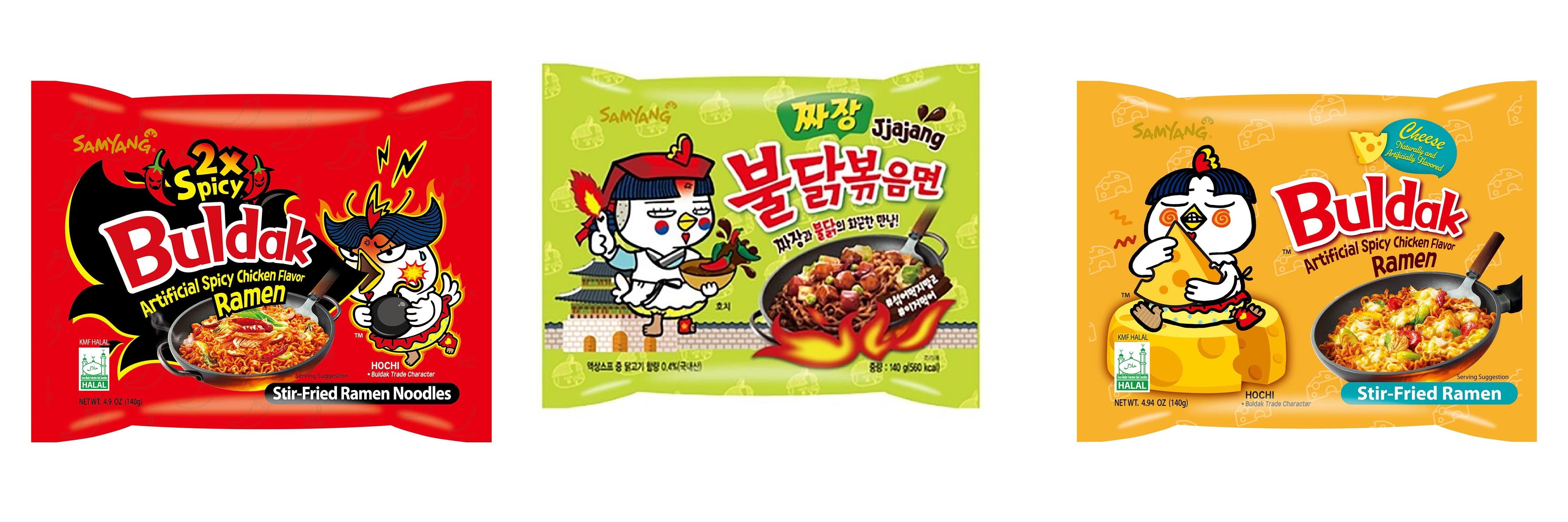 3 Packs Samyang Korean Artifical Spicy Chicken Stir Fried Ramen Roasted Noodles 3 Different Flavors (2x Spicy,Jjajang,cheese) Plus NineChef Brand Long Handle Coffee Spoon