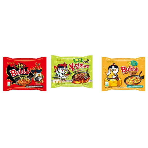 3 Packs Samyang Korean Artifical Spicy Chicken Stir Fried Ramen Roasted Noodles 3 Different Flavors (2x Spicy,Jjajang,cheese) Plus NineChef Brand Long Handle Coffee Spoon