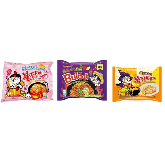 3 Packs Samyang Korean Artifical Spicy Chicken Stir Fried Ramen Roasted Noodles 3 Different Flavors (Carbonara,Habanero Lime,Quattro Cheese) Plus NineChef Brand Long Handle Coffee Spoon