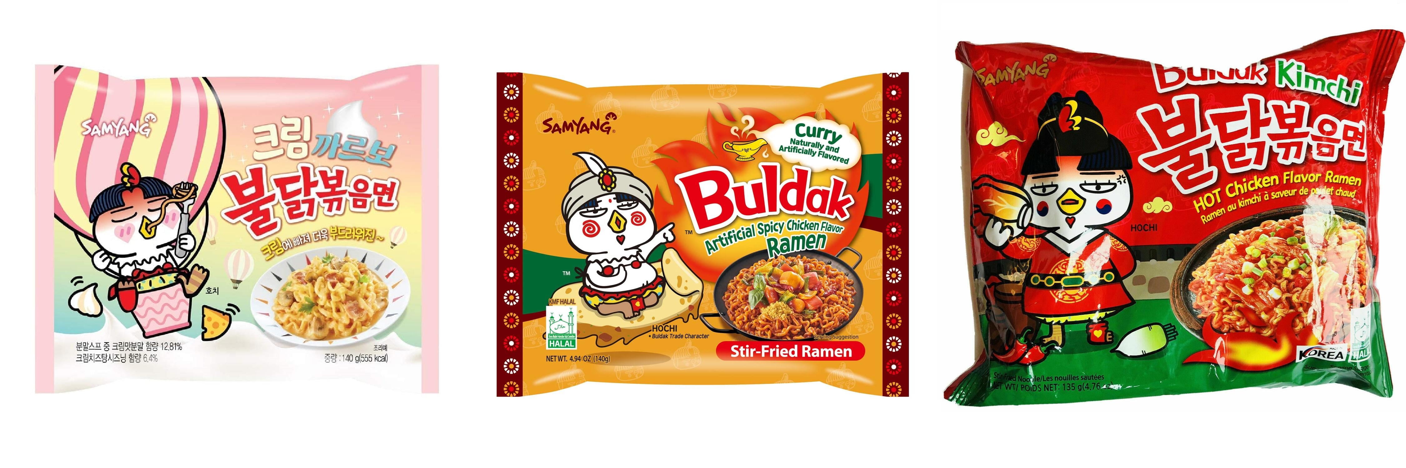 3 Packs Samyang Korean Artifical Spicy Chicken Stir Fried Ramen Roasted Noodles 3 Different Flavors (Creamy Carbonara,Curry,kimichi) Plus NineChef Brand Long Handle Coffee Spoon