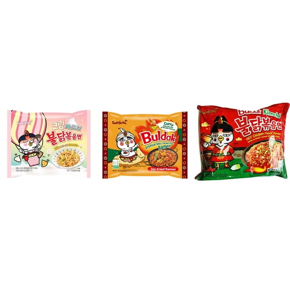 3 Packs Samyang Korean Artifical Spicy Chicken Stir Fried Ramen Roasted Noodles 3 Different Flavors (Creamy Carbonara,Curry,kimichi) Plus NineChef Brand Long Handle Coffee Spoon
