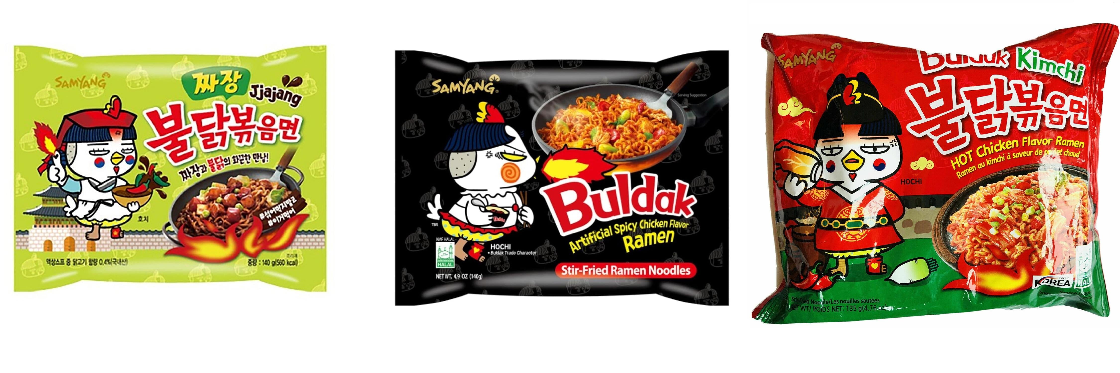 3 Packs Samyang Korean Artifical Spicy Chicken Stir Fried Ramen Roasted Noodles 3 Different Flavors (Jjajang,Original,kimichi) Plus NineChef Brand Long Handle Coffee Spoon