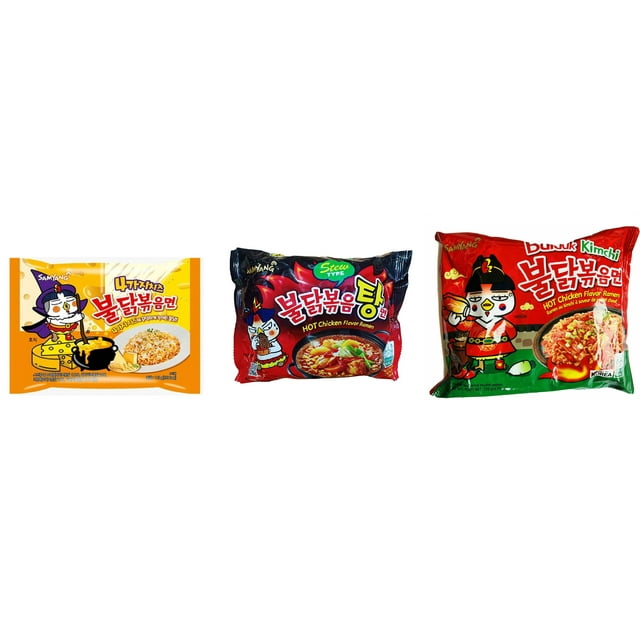 3 Packs Samyang Korean Artifical Spicy Chicken Stir Fried Ramen Roasted Noodles 3 Different Flavors (Quattro Cheese,Stew Type,kimichi) Plus NineChef Brand Long Handle Coffee Spoon