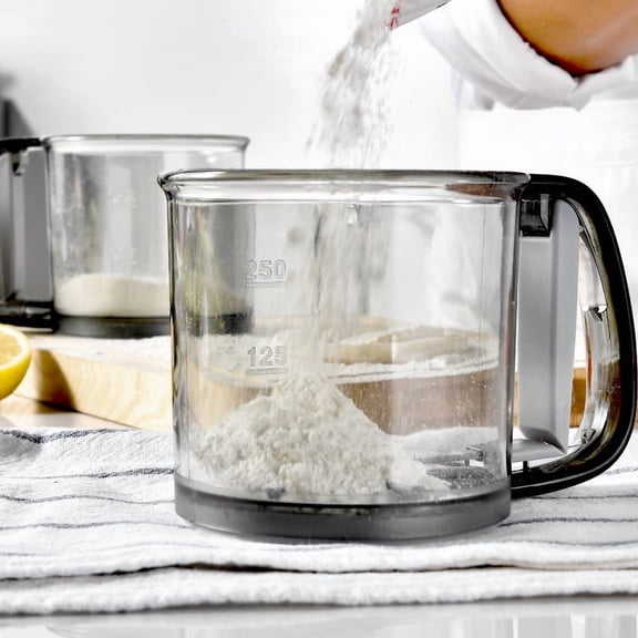 3 Packs Semi-Automatic Handheld Flour Sifter with Fine Mesh Sieve and Measuring Cup, 1-Cup Capacity Baking Tool for Cakes, Pastries, Powdered Sugar, Cocoa, and Dry Ingredients, Kitchen Gadget