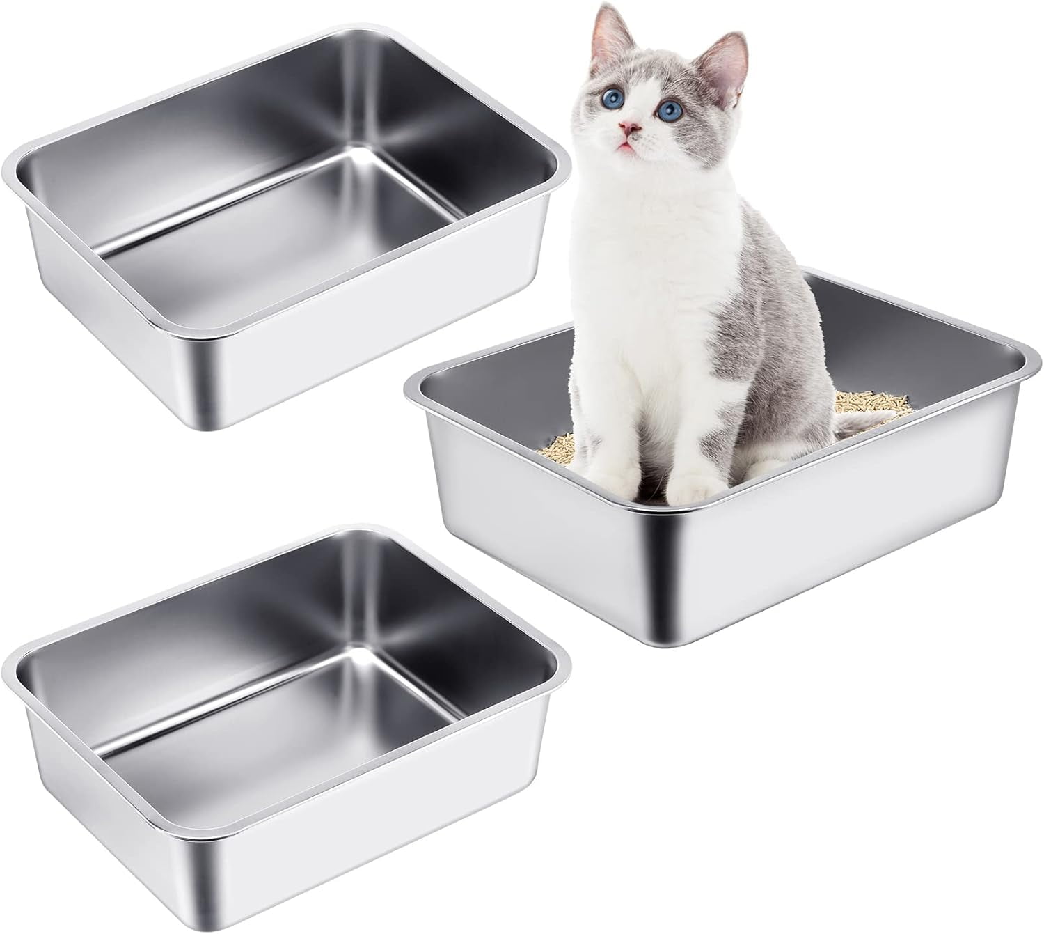 3 Packs Stainless Steel Litter Box, Extra Large Cat Litter Box, Metal