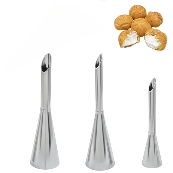 3 Packs Stainless Steel Piping Nozzle Tips, Long Cream Puff & Small Filling Nozzles for Cake/Pastry Decorating(S+M+L, Silver)