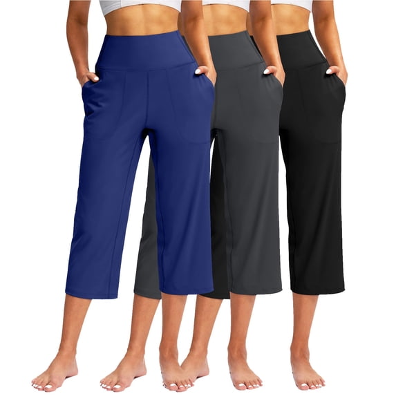 3 Packs Straight Leg Running Capri Pants for Women High Waisted Elastic Waist Hiking Gaucho Pants Wide Leg Lightweight Maternity Cropped Pants Blue XL