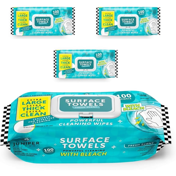 3 Packs Surface Wipes with Bleach, Thick & Large Dispose, All-Purpose Cleaner for Bathroom, Kitchen, Office, 300 Count Soft Flow, Biodegradable, Fresh Scent
