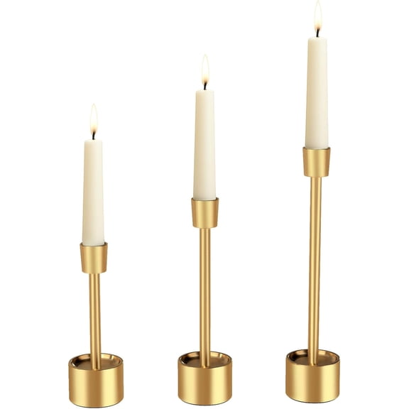 3-Packs Taper Candle Holders - Pillar Candlesticks Solid Stainless Steel Stands for Church, Wedding Centerpieces, Dining Table, Mantel Decor, Fireplace Party, Modern Farmhouse(Gold)