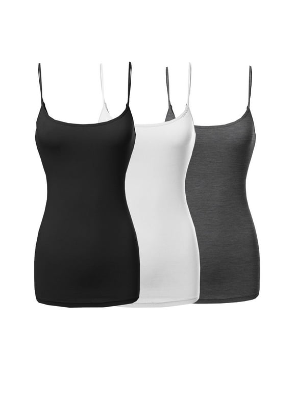 3 Packs - TheLovely Womens & Plus Sizes Basic Solid Long Length Adjustable Spaghetti Strap Tank Top Camisoles