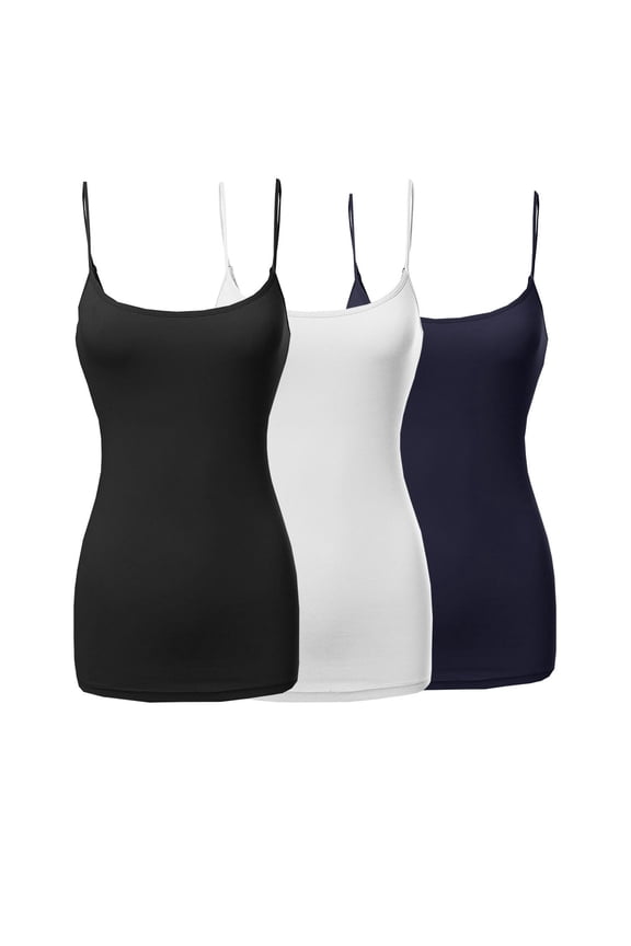 3 Packs - TheLovely Womens & Plus Sizes Basic Solid Long Length Adjustable Spaghetti Strap Tank Top Camisoles