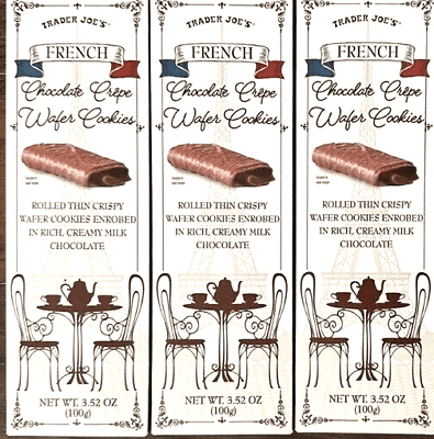 3 Packs Trader Joe's French Chocolate Crepe Wafer Cookies 3.52 oz Each Pack