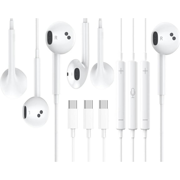 3 Packs USB C HeadphonesType C for iPhone Wired Headphones for iPhone 16/15 Earbuds with Mic and Volume ControlHi-Fi Stereo In Ear Earphones for Galaxy S24/S23/S22/S21/S20/Ultra Note 10/20White