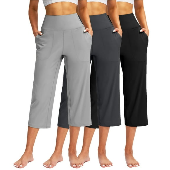 3 Packs Women Capri Pants Athletic Work Wide Leg Low Rise Hiking Gaucho Pants Elastic Waist Pull on Running Cropped Pants Gray S