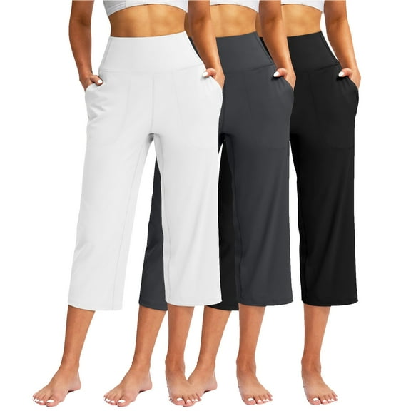 3 Packs Women's Capris Yoga Pants Low Rise Straight Leg Elastic Waist Maternity Cropped Pants Jogger Running Gaucho Pants White 2XL