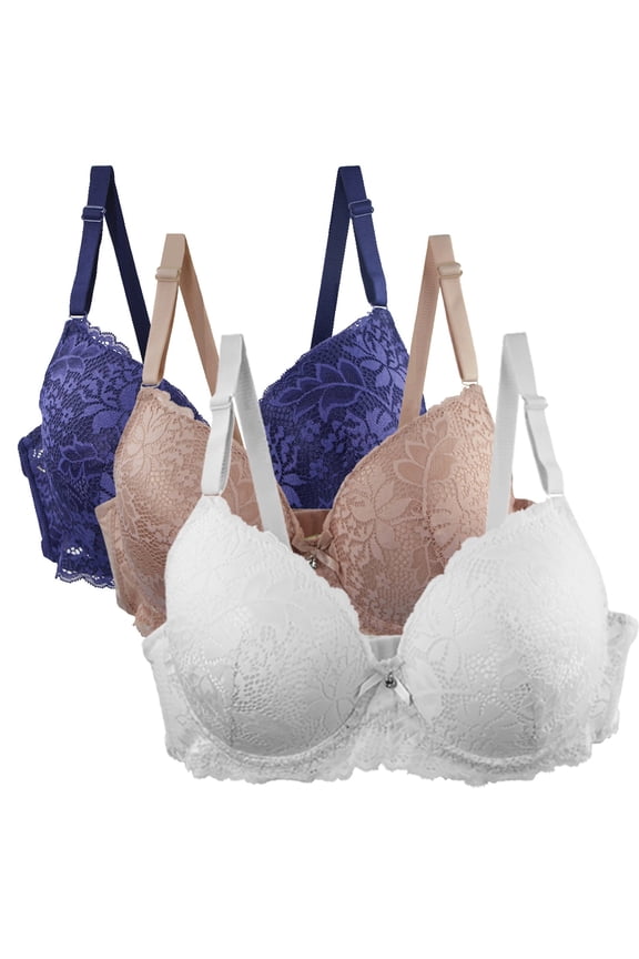 3 Packs Women's Lace Bras Push Up Solid Color Soft Everyday Padding Underwire Lift Up Bra Comfort Sexy Breathable Push Up Bra Set,Multicolor