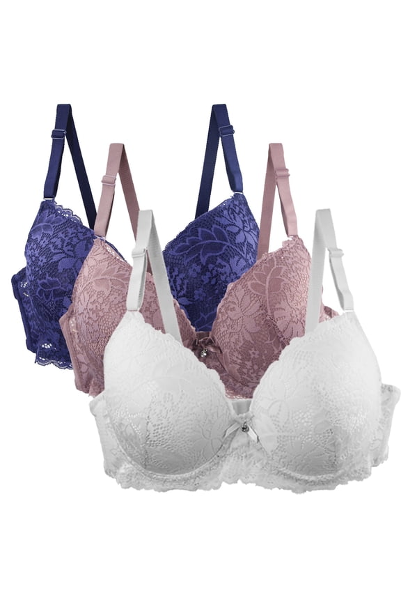 3 Packs Women's Lace Bras Push Up Solid Color Soft Everyday Padding Underwire Lift Up Bra Comfort Sexy Breathable Push Up Bra Set,Multicolor