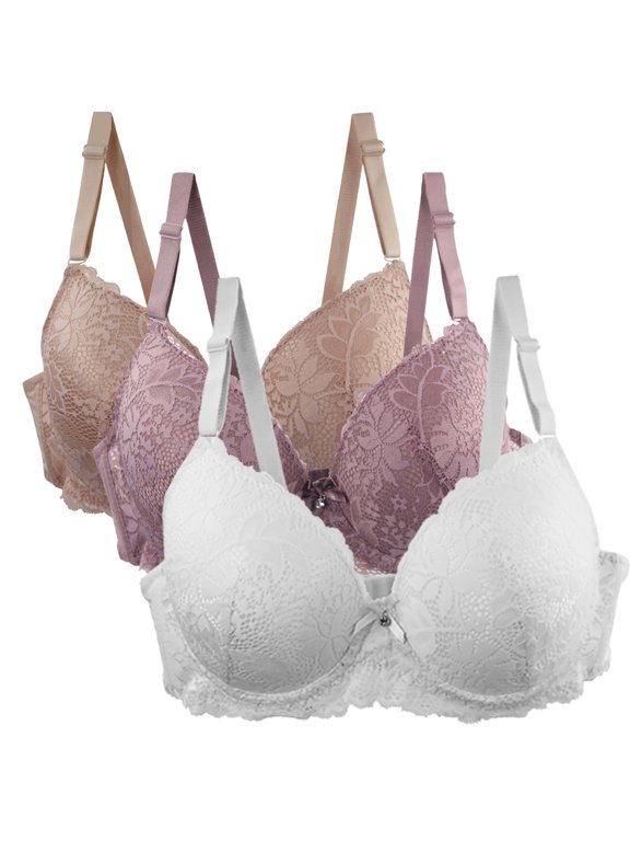 3 Packs Women's Lace Bras Push Up Solid Color Soft Everyday Padding Underwire Lift Up Bra Comfort Sexy Breathable Push Up Bra Set,Multicolor