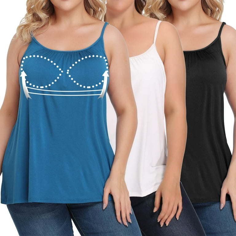 3 Packs Women's Shirred Flowy Bra Cami with Built-in Cups Relaxed Fit  Summer Tops with Adjustable Spaghetti Strap 