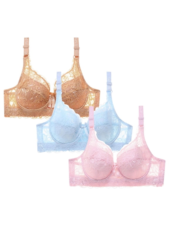 3 Packs Womens Bras No Underwire Lace Splice Bras for Women Lightly Lined Push Up Padded Breathable Tshirt Bra