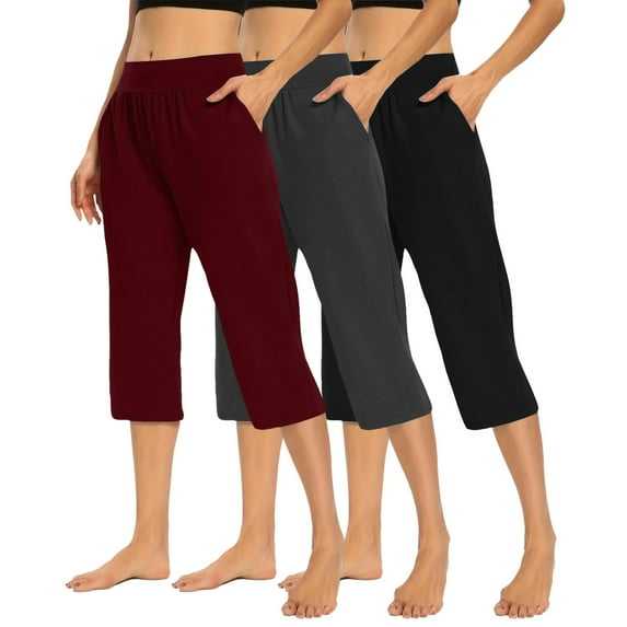 3 Packs Womens Capris Summer High Waisted Elastic Waist Office Gaucho Pants Straight Leg Loose Maternity Cropped Pants Wine M