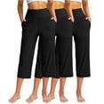 thumbnail image 1 of 3 Packs Womens Capris for Palazzo Spring Elastic Waist Wide Leg Hiking Gaucho Pants Low Rise Lightweight Yoga Cropped Pants Black L, 1 of 5