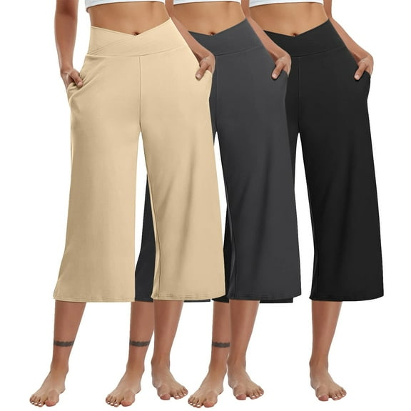 3 Packs Womens Cropped Capri Pants Wide Leg Low Rise Crossover Maternity Cropped Pants Elastic Waist Summer Office Gaucho Pants Khaki XL