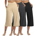 thumbnail image 1 of 3 Packs Womens High Waisted Crop Capri Pants Crossover Wide Leg Elastic Waist Yoga Gaucho Pants Athletic Hiking Cropped Pants Khaki L, 1 of 6