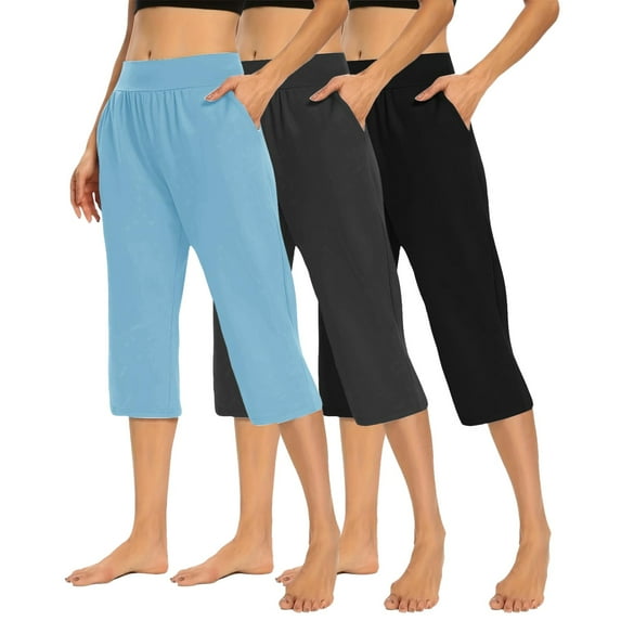 3 Packs Womens Lightweight Capris with Pockets Yoga High Rise Hiking Cropped Pants Straight Leg Spring Running Gaucho Pants Sky Blue L