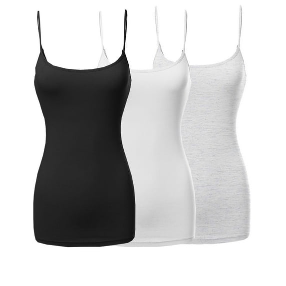 3 Packs - Womens & Plus Sizes Basic Solid Long Length Adjustable Spaghetti Strap Tank Top Camisoles