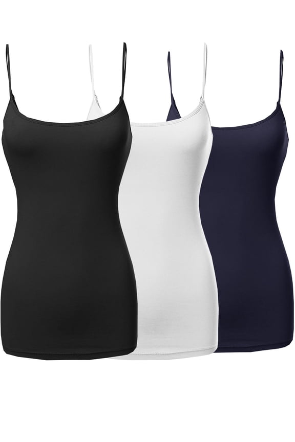 3 Packs - Womens & Plus Sizes Basic Solid Long Length Adjustable Spaghetti Strap Tank Top Camisoles