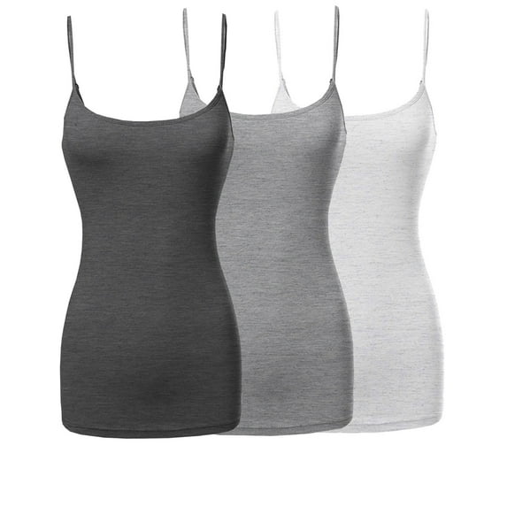3 Packs - Womens & Plus Sizes Basic Solid Long Length Adjustable Spaghetti Strap Tank Tops