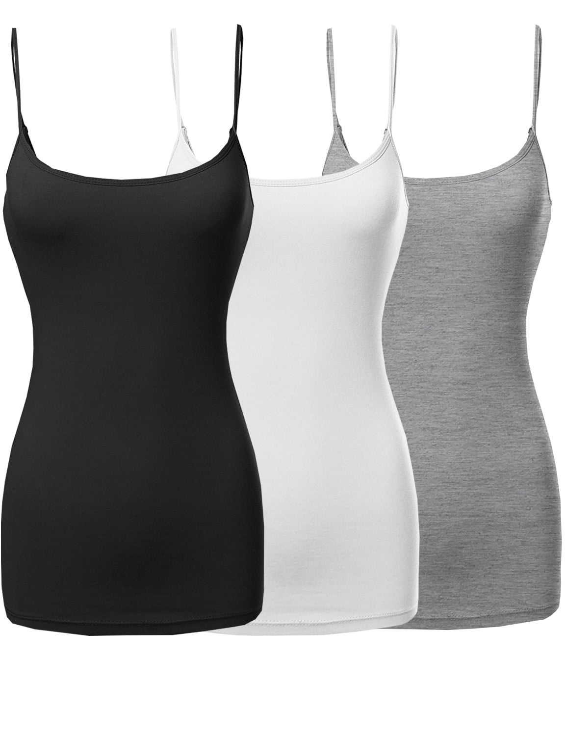3 Packs - Womens & Plus Sizes Basic Solid Long Length Adjustable Spaghetti Strap Tank Tops