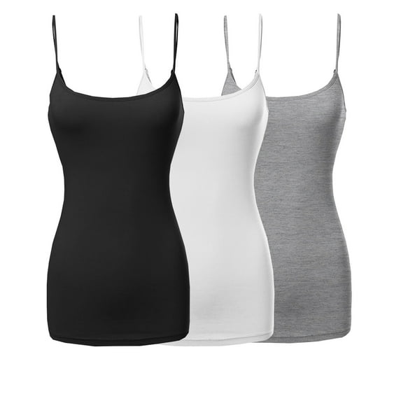 3 Packs - Womens & Plus Sizes Basic Solid Long Length Adjustable Spaghetti Strap Tank Tops