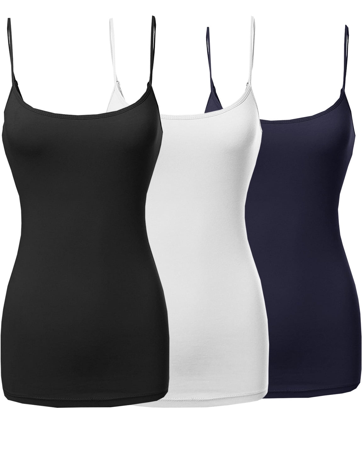 3 Packs - Womens & Plus Sizes Basic Solid Long Length Adjustable Spaghetti Strap Tank Tops