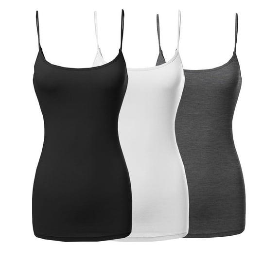 3 Packs - Womens & Plus Sizes Basic Solid Long Length Adjustable Spaghetti Strap Tank Tops