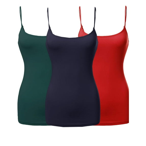 3 Packs - Womens & Plus Sizes Basic Solid Long Length Adjustable Spaghetti Strap Tank Tops