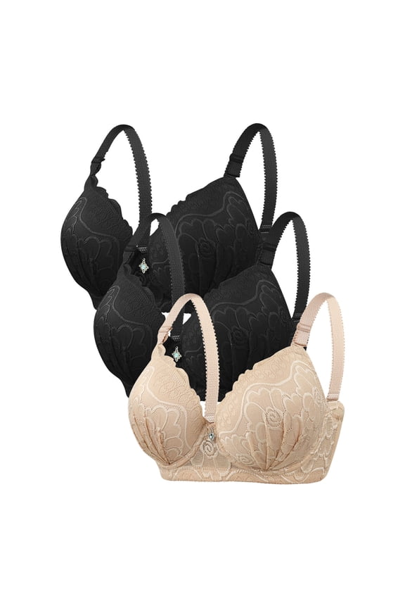 3 Packs Womens Push Up Underwire Bras D Cup Lightweight Bras for Women Full Coverage Lace Splice Breathable Bra