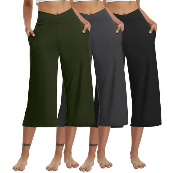 3 Packs Womens Running Pants Capri Wide Leg Elastic Waist Low Rise Maternity Cropped Pants Crossover Spring Business Gaucho Pants Army Green S