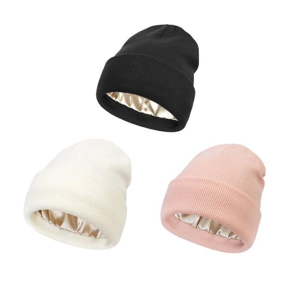 3 Packs Womens Satin Lined Beanie Hat Winter Hats Beanies for Women Soft Slouchy Beanie Skull Cap