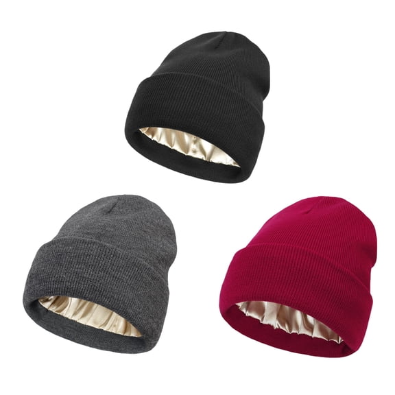 3 Packs Womens Satin Lined Beanie Hat Winter Hats Beanies for Women Soft Slouchy Beanie Skull Cap