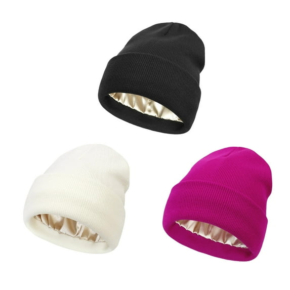 3 Packs Womens Satin Lined Beanie Hat Winter Hats Beanies for Women Soft Slouchy Beanie Skull Cap