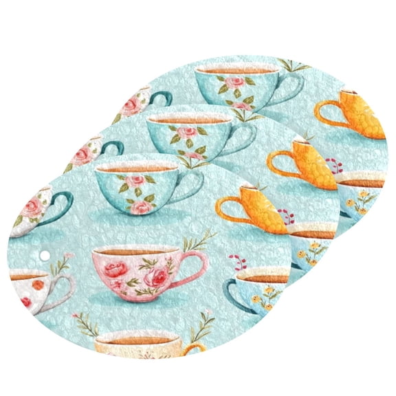 3 Packs Of Wood Pulp Cotton Dishwashing Sponge 3.54x2.56 Inch Dishwashing Sponge Household Cleaning Sponge Kitchen Utensils Clean Use Colorful Cartoon Tea Cup