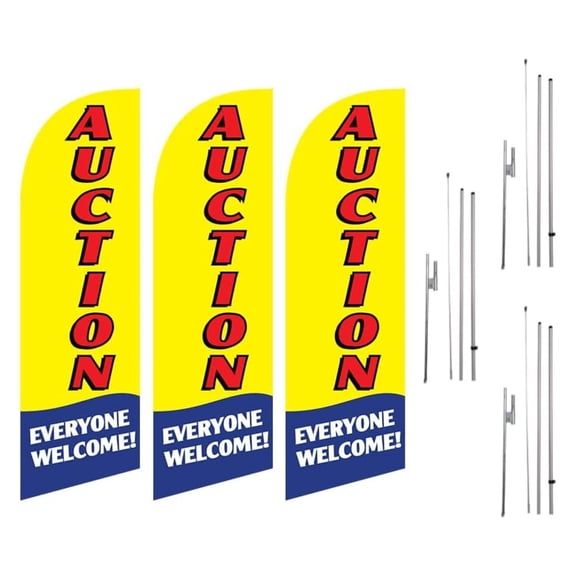 3-Packs of Real Estate Auction 6ft Flag with complete Kits, Includes Flags Poles, and Ground Stakes, Outdoor Signs for Real Estate Agents (Yellow)