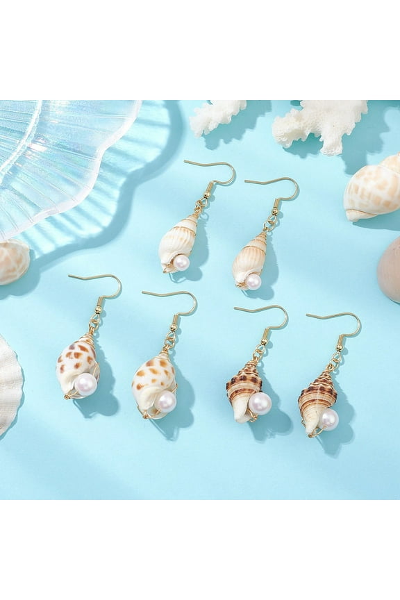 3 Pair 304 Stainless Steel Dangle Earrings for Women Men with Natural Shell Shell Shape Mixed Color 47~51x12~17mm 3pair/set Diy