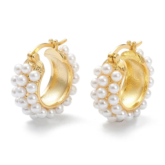 3 Pair Brass Hoop Earrings with Acrylic Imitation Pearl Ring White Real 18K Gold Plated 21.5x21x8.5mm Pin: 0.7mm