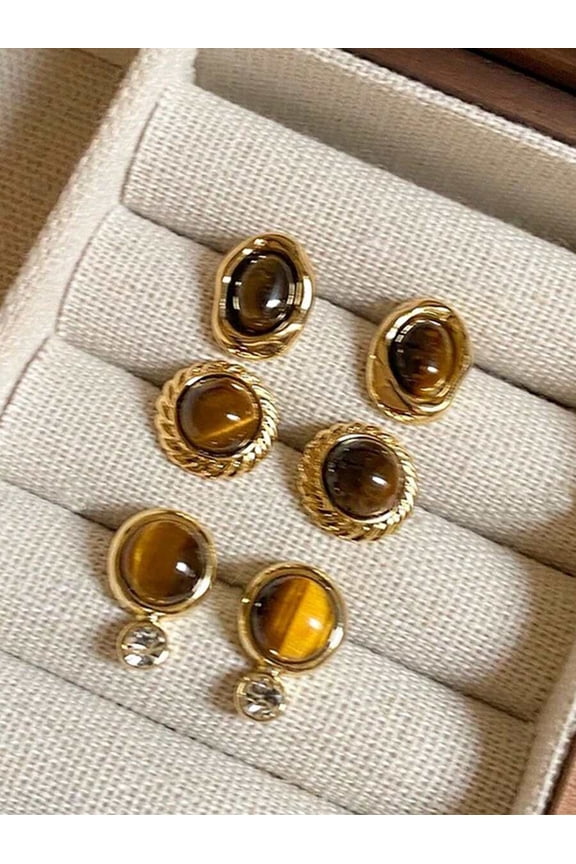 3-Pair Brown-2 Tigers Eye Resin Inlaid Earrings Set With Goldtone Metal