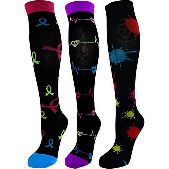 3 Pair Colorful Designs Moderate Graduated Compression Socks 15-20 mmHg. Mens and Womens Style Multi-Color. Large/X-Large