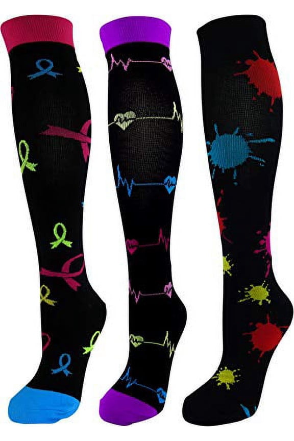 3 Pair Colorful Designs Moderate Graduated Compression Socks 15-20 mmHg. Mens and Womens Style Multi-Color. Large/X-Large